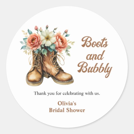 Rustic Boots and Bubbly Western Bridal Shower Runder Aufkleber (Vorderseite)