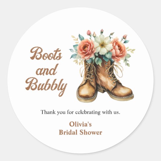 Rustic Boots and Bubbly Western Bridal Shower Runder Aufkleber (Vorderseite)