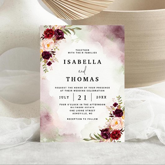 Rustic Bordeaux Blush Floral Wedding Invitation Einladung