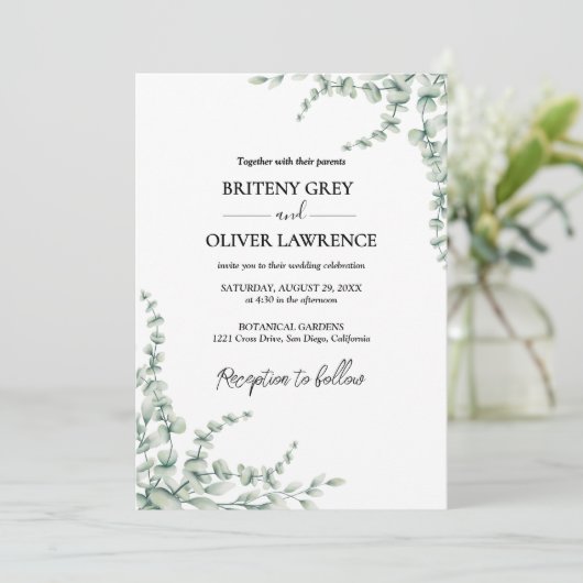 Rustic Botanical Eucalyptus Greenery Wedding Einladung (Stehend Vorderseite)