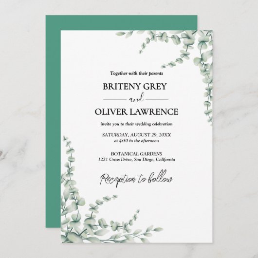 Rustic Botanical Eucalyptus Greenery Wedding Einladung (Vorne/Hinten)