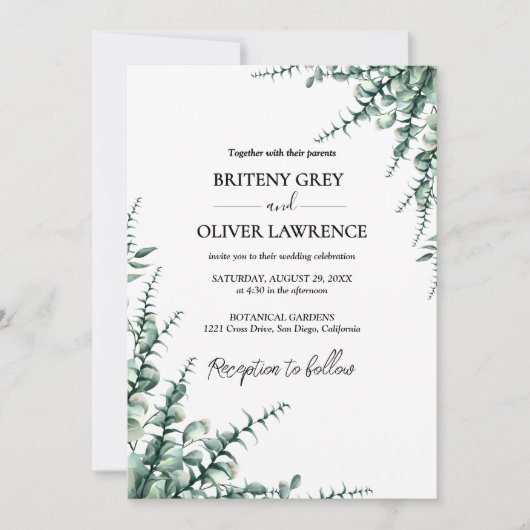 Rustic Botanical Eucalyptus Greenery Wedding Einladung (Vorderseite)