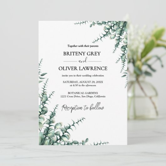 Rustic Botanical Eucalyptus Greenery Wedding Einladung (Stehend Vorderseite)
