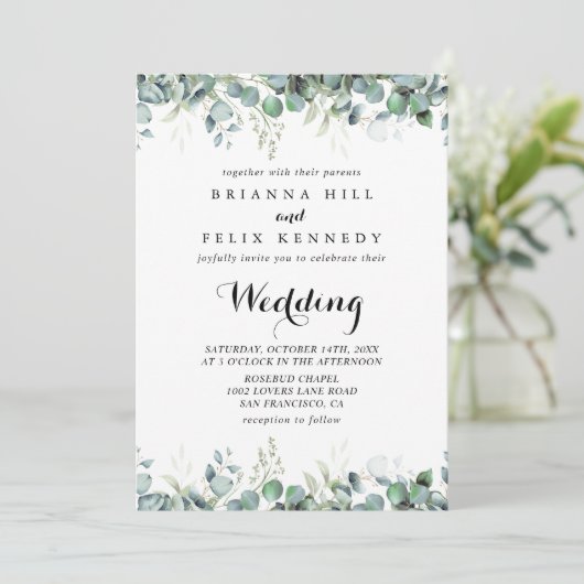 Rustic Botanical Eucalyptus Greenery Wedding Einladung (Stehend Vorderseite)