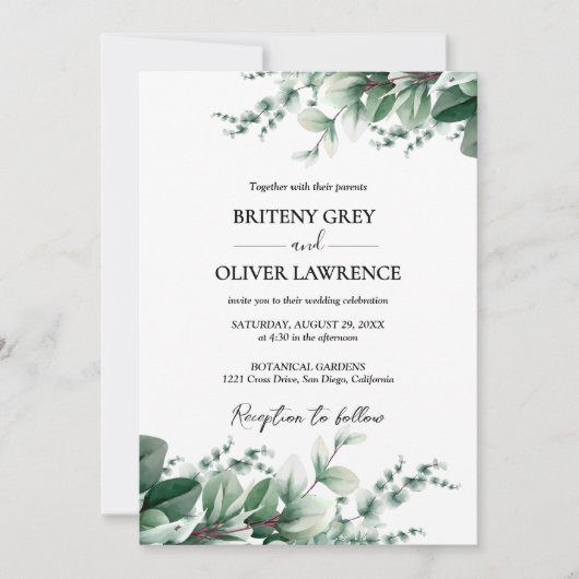 Rustic Botanical Eucalyptus Greenery Wedding Einladung (Vorderseite)