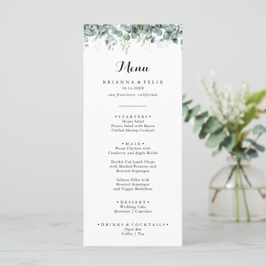 Rustic Botanical Eucalyptus Greenery Wedding Menükarte (Stehend Vorderseite)