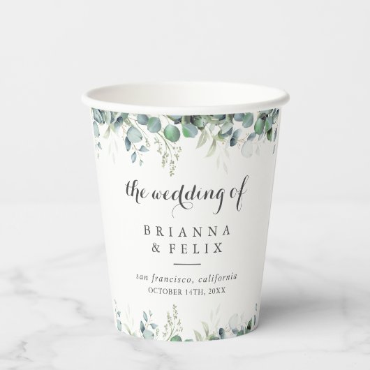 Rustic Botanical Eucalyptus Greenery Wedding Pappbecher (Rückseite)