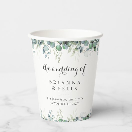 Rustic Botanical Eucalyptus Greenery Wedding Pappbecher (Vorderseite)