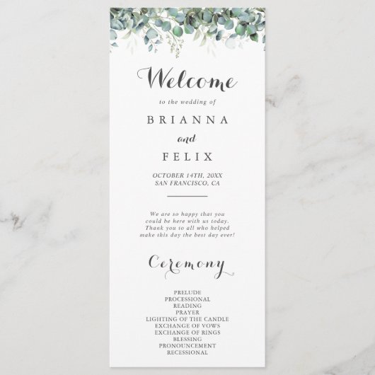 Rustic Botanical Eucalyptus Greenery Wedding Programm (Vorderseite)
