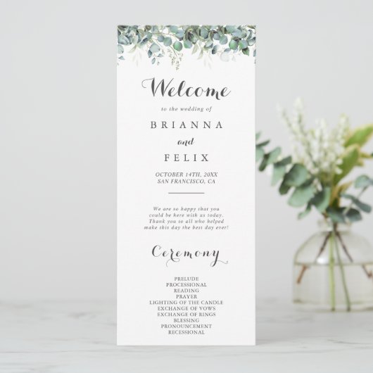 Rustic Botanical Eucalyptus Greenery Wedding Programm (Stehend Vorderseite)