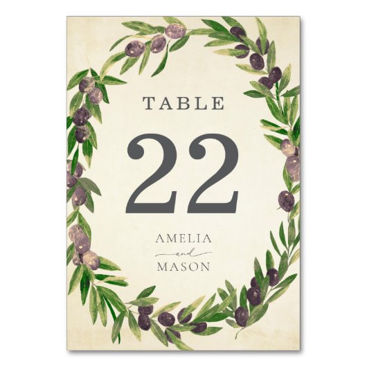 Rustic Botanical Olive Wreath Table Number Card Tischnummer (Rückseite)