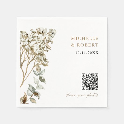 Rustic Botanical QR Code Share your Photos Wedding Serviette (Vorderseite)