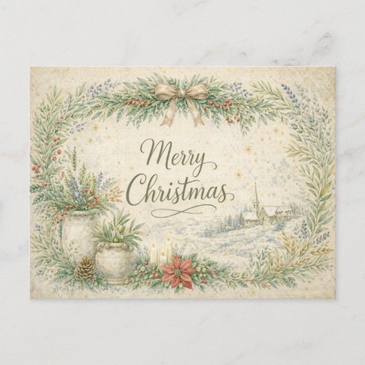 Rustic Botanical Wreath Merry Christmas  Feiertagspostkarte (Vorderseite)