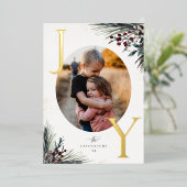 Rustic Boughs Gold Joy Holiday Foto Card Folieneinladung (Stehend vorne)