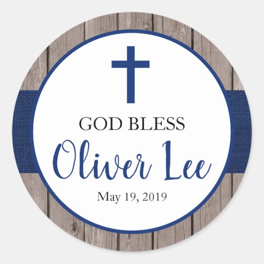 Rustic Boy Baptisse Navy Burlap & Wood Bevorzugung Runder Aufkleber (Vorderseite)