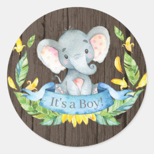 Rustic Boy Elephant Baby Dusche Blau Runder Aufkleber