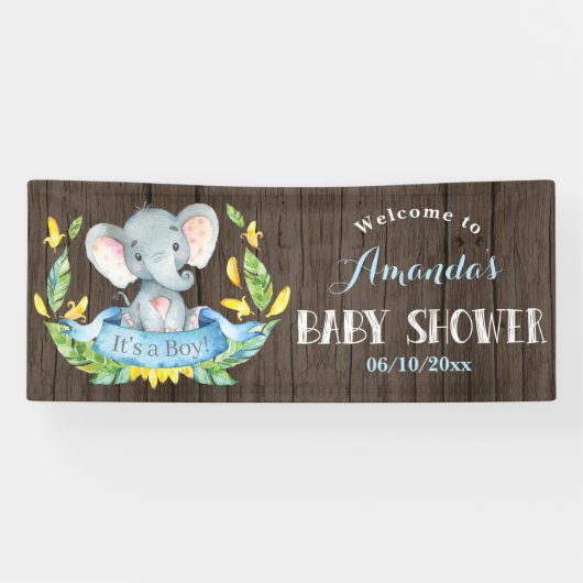 Rustic Boy Elephant Baby Dusche Blau und Grau Banner (Horizontal)
