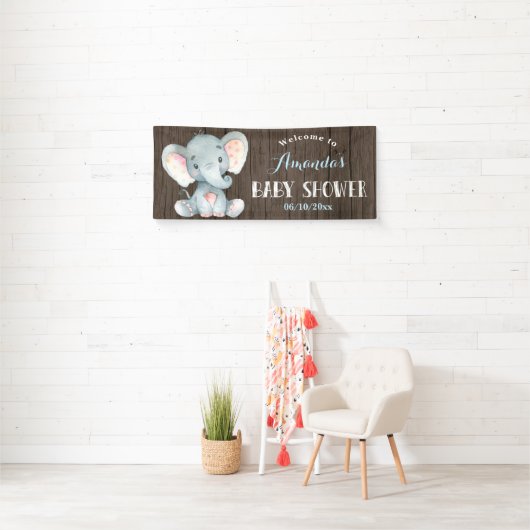 Rustic Boy Elephant Baby Dusche Blau und Grau Banner (Insitu)