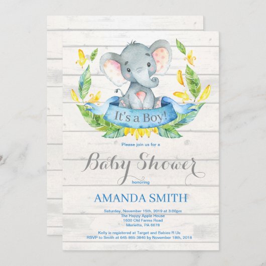 Rustic Boy Elephant Baby Dusche Einladung Blau (Vorne/Hinten)