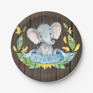 Rustic Boy Elephant Baby Shower Blue Paper Plate Pappteller