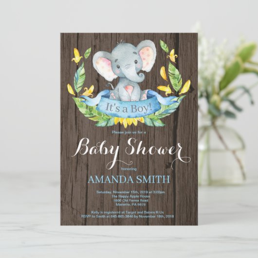 Rustic Boy Elephant Baby Shower Einladung (Stehend Vorderseite)