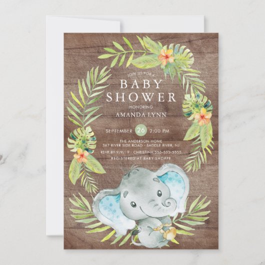 Rustic Boy Elephant Baby Shower Einladung (Vorderseite)