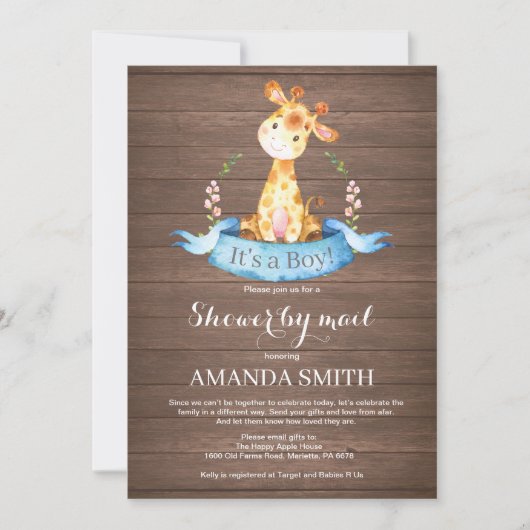 Rustic Boy Giraffe Baby Shower by Mail Einladung (Vorderseite)
