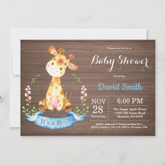 Rustic Boy Giraffe Babydusche Einladung (Vorderseite)