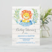 Rustic Boy Lion Baby Dusche Einladung Blue (Stehend Vorderseite)