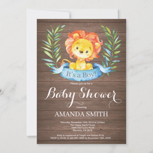 Rustic Boy Lion Baby Shower Einladung (Vorderseite)