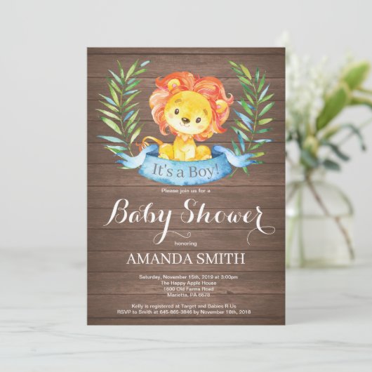 Rustic Boy Lion Baby Shower Einladung (Stehend Vorderseite)