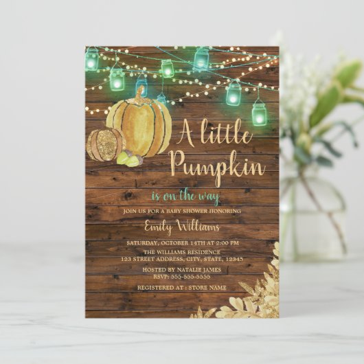 Rustic Boy Little Pumpkin Fall Boy Baby Dusche Einladung (Stehend Vorderseite)