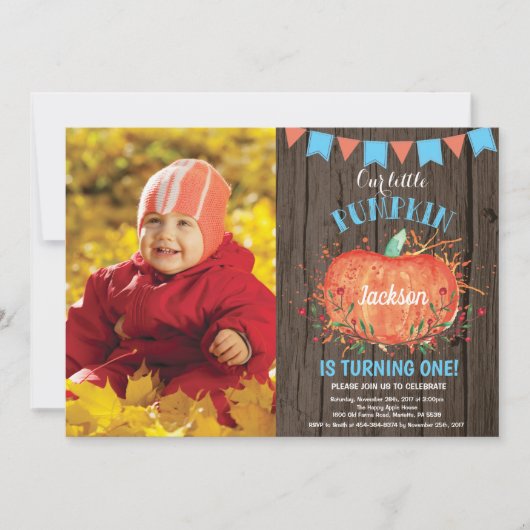 Rustic Boy Pumpkin Geburtstag Einladung Blue (Vorderseite)