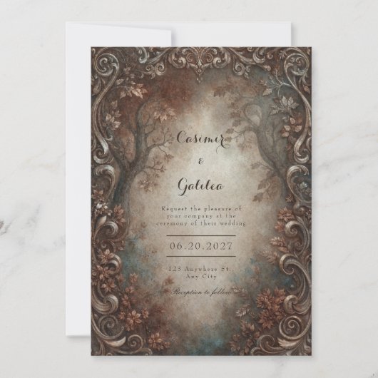 Rustic Bronze Filigree Autumn Forest Wedding Einladung (Vorderseite)