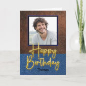 Rustic Brown and Blue leather Gold Script Birthday Karte (Vorderseite)