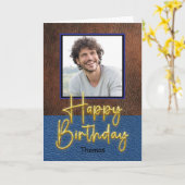Rustic Brown and Blue leather Gold Script Birthday Karte (Gelbe Blume)