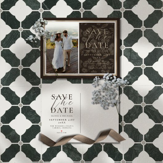 Rustic Brown Botanical Pattern Photo Wedding Ankündigungspostkarte