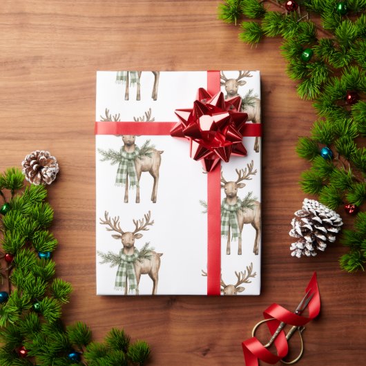 Rustic Brown Bows Cream Green Christmas Trees Deer Geschenkpapier (Feiertagsgeschenk)