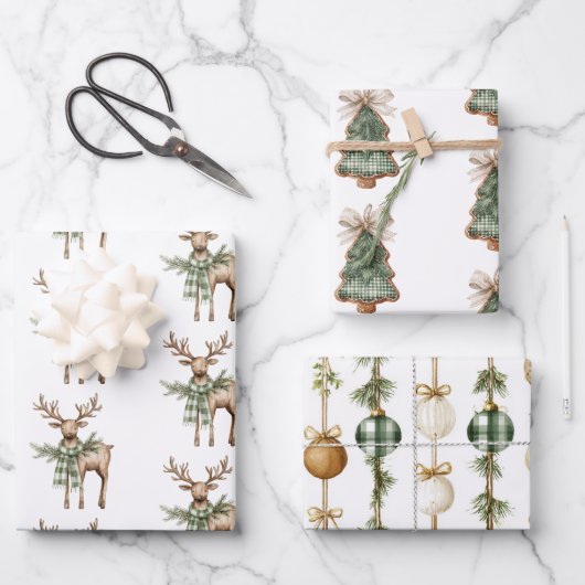 Rustic Brown Bows Cream Green Christmas Trees Deer Geschenkpapier Set (Vorderseite)