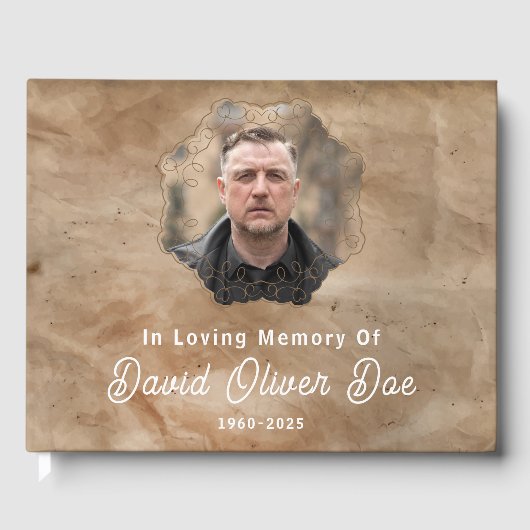 Rustic Brown Custom Text Photo Memorial Funeral Gästebuch (Vorderseite)