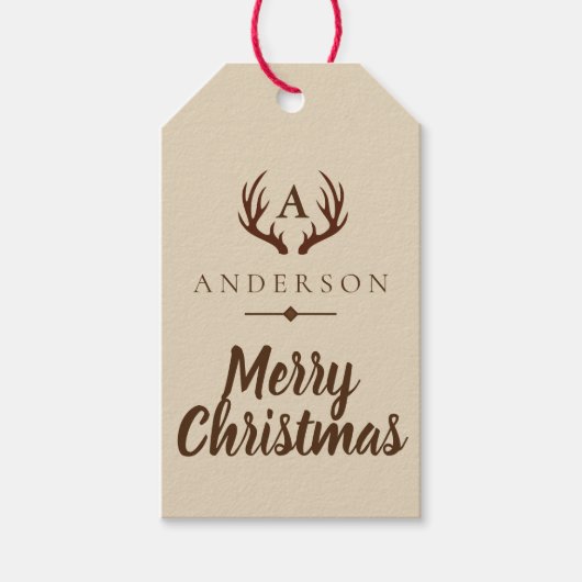 Rustic Brown Deer Antlers & Familienname Weihnacht Geschenkanhänger (Vorderseite)