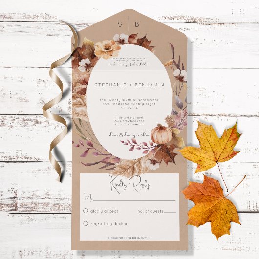 Rustic Brown Fall Floral & Blätter Kein Abendessen All In One Einladung