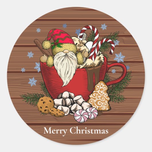 Rustic Brown Gnome Frohe Weihnachtsschneeflocken Runder Aufkleber (Vorderseite)
