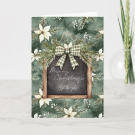 Rustic Brown Green Christmas Chalkboard Floral Bow Karte