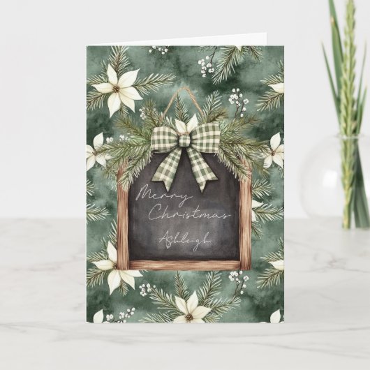 Rustic Brown Green Christmas Chalkboard Floral Bow Karte (Vorderseite)