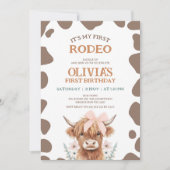 Rustic Brown Highland Cow First Rodeo 1st Birthday Einladung (Vorderseite)
