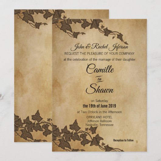 Rustic Brown Ivy Wedding Einladung (Vorne/Hinten)