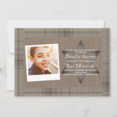 Rustic Brown Kariert Bar Mitzvah Foto Einladung (Vorderseite)