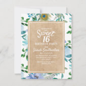 Rustic Brown Kraft Blue White Floral Sweet 16 Einladung (Vorderseite)
