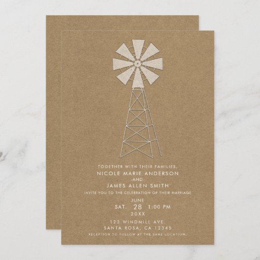 Rustic Brown Kraft Farm Windmill Moderne Hochzeit Einladung (Vorne/Hinten)